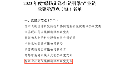 喜报！扬州北辰电气集团入选2023年度“绿扬先锋·红链引擎”产业链党建示范点